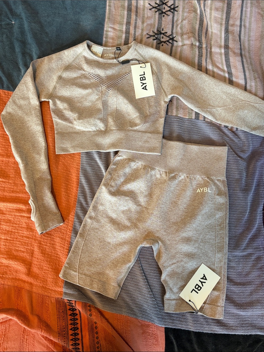 AYBL Set- Beige Cropped Long-Sleeve Top & Bike Shorts Set